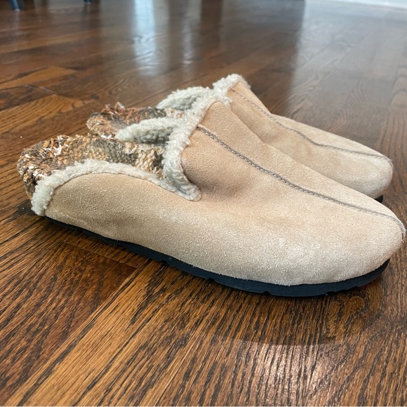 FREE PEOPLE Damon Clogs Tan Suede Faux Fur Textile Insoles Slip Ons - Picture 3 of 14